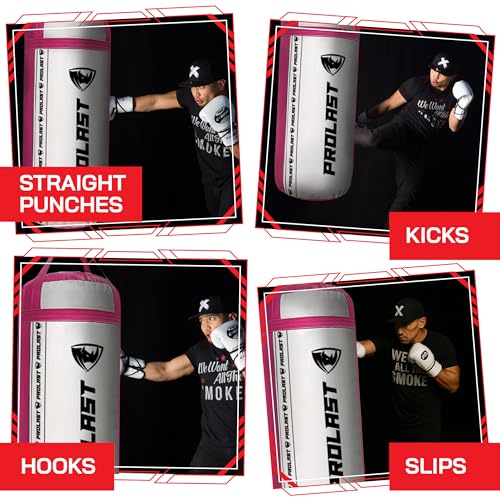 4Ft XL 135Lb Heavy Punching Kicking Bag for Adults, Boxing, MMA, Martial Arts, Muay Thai, Strength Training Equipment - color: White / Pink, size: Filled