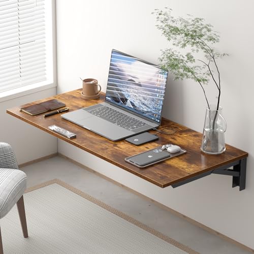Need Wall Mounted Folding Table, 36x20 Inch Fold Down Wall Mount Desk Heavy Duty Small Folding Wall Table for Laundry, Home Office, Small Apartments, Rustic Brown & Black Frame - color: Rustic Brown Desktop & Black Shelf Brackets, size: L36" * W20"