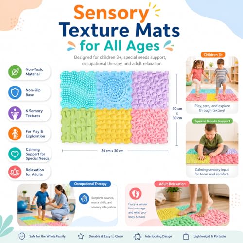 Edusense TPU Sensory Floor Tiles - Textured Puzzle Play Mat for Autistic Kids, Non-Slip Massage Game Mats for Sensory Indoor & Outdoor Use|6 Textures Interlocking Tiles for Sensory Therapy - color: Macaron