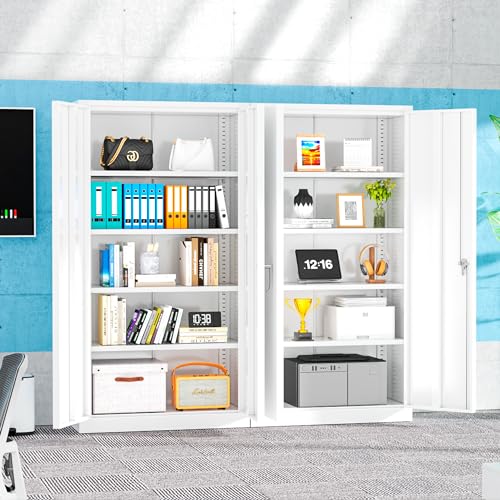 Superday Locking Metal Cabinet 72"×36"×18", Tall Storage Cabinet with 2 Doors and 4 Shelves, Large Metal Steel Utility Cabinets for Office File Bathroom Medicine Garage Pantry (White) - color: White, style: 72"