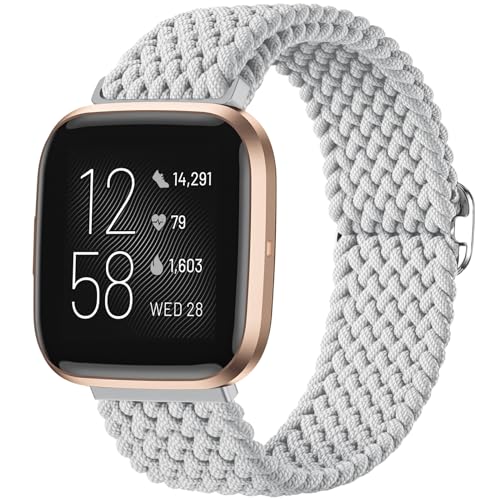 Maledan Stretchy Bands Compatible for Fitbit Versa 2 and Fitbit Versa Women Men, Waterproof Braided Bracelet Replacement Bands for Fitbit Versa & Fitbit Versa 2 Straps Wristbands Accessories, Gray - color: White Gray