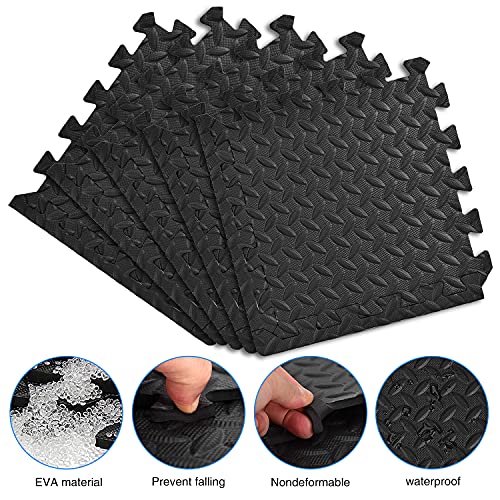 Interlocking Puzzle Exercise Mat, EVA Foam, 20" x 20", 1 cm Thick, Black, 24 Pieces, 64 Sq Ft, for Home Gym, Fitness Equipment and Play Areas (6, Black) - color: Black