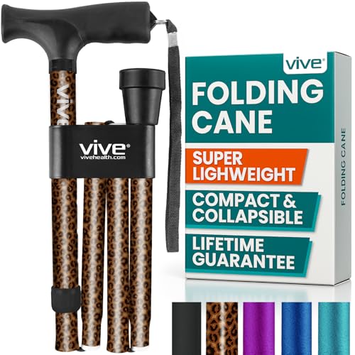 Vive Folding Cane - Foldable Walking Cane for Men, Women - Fold-up, Collapsible, Lightweight, Adjustable, Portable Hand Walking Stick - Balancing Mobility Aid - Sleek, Comfortable - color: Leopard