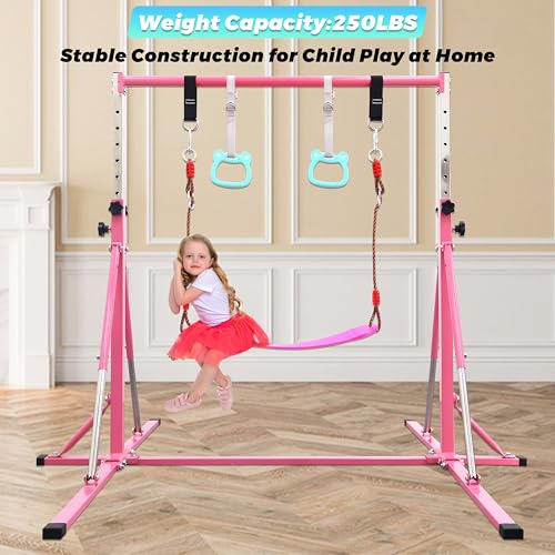 FC FUNCHEER Foldable Gymnastics Bar,5FT Horizontal bar,Adjustable Kids Training bar for Kids Ages 3-15,Kids Gymnastics bar,Triangle Stable Structure-Gym Equipment for Home - color: Pink, style: Bar-Swing-Rings