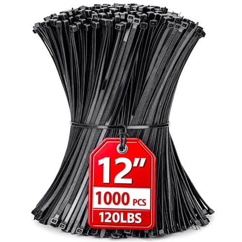 Zip Ties 12 inch, 1000 Pack Heavy Duty Black Zip Ties with 120 lbs Tensile Strength, Self-Locking Nylon Cable Ties,Wire Ties for indoor and outdoor use. - color: Black, size: 12"(1000 Pack) 120 Lb