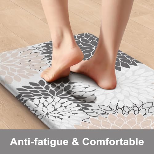 Kitchen Rugs and Mats Cushioned Anti Fatigue Kitchen Mat 2PCS Non-Skid Waterproof Boho Kitchen Runner Rug Comfort Foam Standing Mat for Office,Laundry,Kitchen Sink,Grey Floral - color: Pink/Grey, size: 17.3" x 47 "+ 17.3" x 29 "--0.47 inches