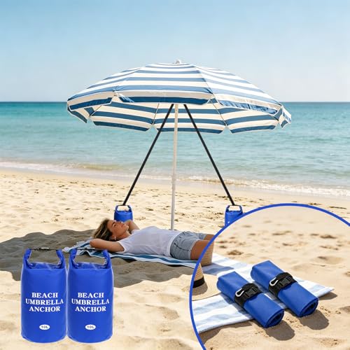 2 Pack 10L Beach Umbrella Weight Sand Bags 500D PVC Heavy Duty Sun Umbrella Sand Anchor Portable Fillable Summer Sunshade Canopy Tent Sandbag Stand Holder for Outdoor High Wind Resistant