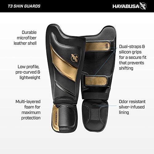 Hayabusa T3 Striking Shinguards - Men and Women | MMA Protection, Muay Thai Kickboxing, Sparring Pads, Martial Arts Gear, Adjustable Straps, Impact Padding, Elastic Fit - color: Black/Gold, size: Medium