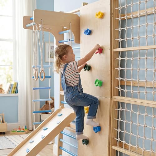 94.5 H 10-in-1 Swedish Ladder, Rock Climbing Wall for Kids and Adults with Slide, Swing, Gymnastic Rings, Rope Ladder, and Monkey Bar, Indoor Jungle Gym