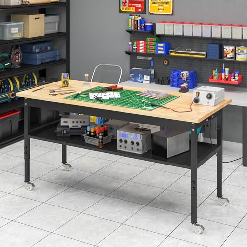 48"/60'' Adjustable Workbench, Rubber Wood Top Work Bench | Heavy-Duty work table with Power Outlet, Wheels, Partition 2000 LBS Load Capacity Hardwood work benches for garage, Workshop - size: with socket, partition and wheels, 60