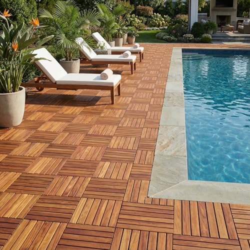 Bare Decor EZ-Floor Interlocking Flooring Tiles in Solid Teak Wood Oiled Finish (Set of 10), Long 9 Slat - size: 10 Tiles (10 sq ft)