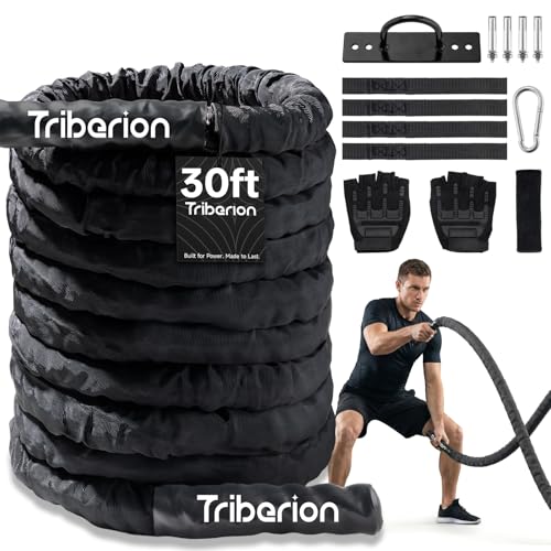 Battle Rope For Home Gym Workout - 1.26 Inch 30ft Heavy Weighted Training Exercise Ropes Fitness Equipment With Sleeve And Anchor Strap Kit For Outdoor Working Out - color: Black, size: 1.26 Inch x 30 FT