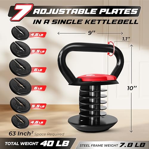 Yes4All Adjustable Kettlebell Set, 20–40 LB Weight Set, Solid Cast Iron Handle with Spacer Disks & Secure Lock, Space-Saving Kettlebell for Home Gym Strength Training, Black - size: 40.0 Pounds