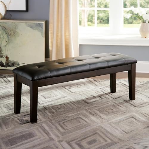 Signature Design by Ashley Haddigan Traditional Upholstered Dining Room Bench, Dark Brown | Classic button tufted seat, Wood and engineered wood frame, 18.75 in seat height, 2-person capacity, Dark brown finish - color: Dark Brown, style: Bench