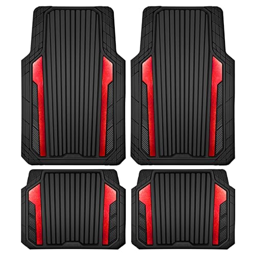 CAR PASS Heavy Duty Rubber Car Mats Metallic, Aluminum Film All Weather Floor Mats Waterproof Universal Trim to Fit Automotive SUV Sedan Van 4 Piece Anodized Deep Dish Two-Tone Sporty Black Red Chrome - color: BLack Red