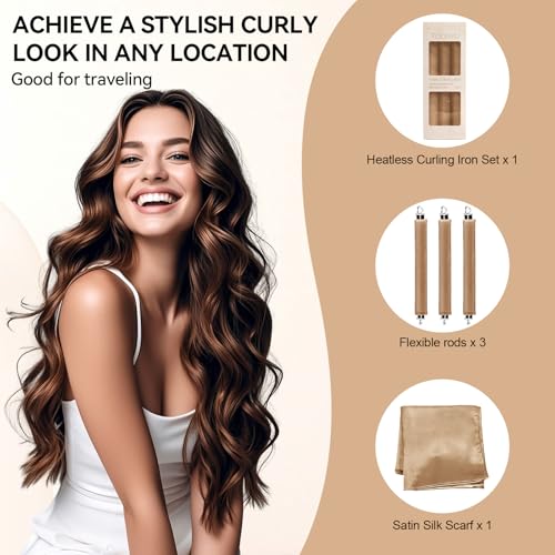 Heatless Curls Overnight Hair Care Set - Jumbo Velvet Hair Curlers | No Heat Hair Rollers for Women, Comfortable Sleep-In Hair Rollers with Satin Scarf, No Heat Damage Curling Rods for All Hair - color: Kahki