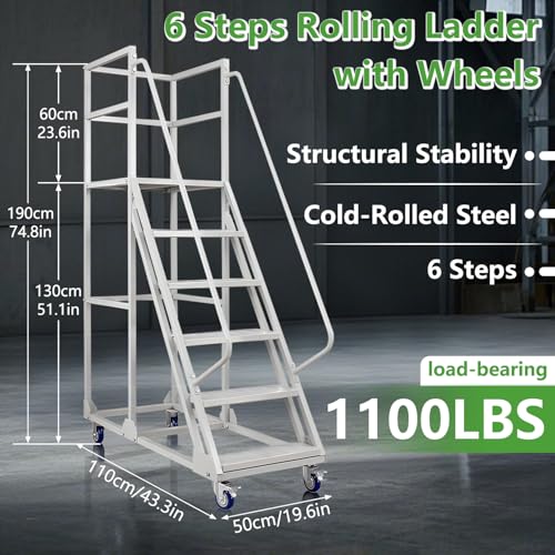 6 Steps Rolling Ladder, Mobile Platform Ladders with Handrails, Industrial & Warehouse Non-Slip Stair Ladder, Heavy Duty Step Ladders for Home Library Outdoor, 1100lbs Capacity