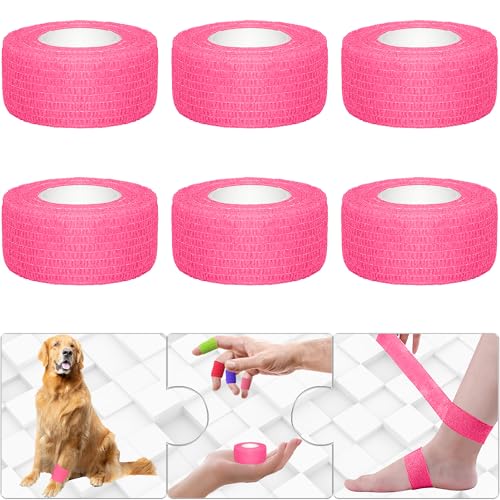 6 Pack 1 Inches Self Adhesive Bandage Wrap Breathable Cohesive Bandage Elastic Tape for Pets, Athletic, Sports, Wrist, Knee, Ankle(5 Yards Per Roll, Pink) - color: Pink, size: 1 Inch
