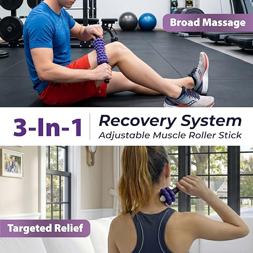 ONIPAX 3-in-1 Muscle Roller Stick - Adjustable Deep Tissue Massage Tool | 8-Gear Adjustable, POM Core, Portable for Neck, Back & Calf Relief - Ideal for Post-Workout Recovery & Muscle Tension Relief - color: Purple