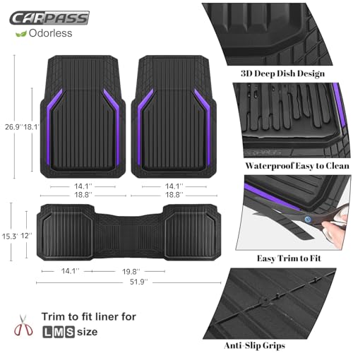 CAR PASS Heavy Duty Rubber Floor Mats for Car, Waterproof Liner Deep Dish Car Mats Full Sets, Universal Trim to Fit for SUV Truck Sedans Vans, All Weather Automotive Floor Mats 3pcs, Black Purple - color: Black Purple