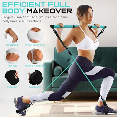 Pilates Bar Kit with 6 Latex Resistance Bands, Adjustable Exercise Bar - color: Blue