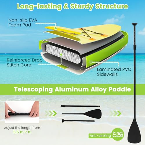 KOTEK 10FT/11FT Inflatable Paddle Board, SUP Paddleboard with Hand Pump, Safety Leash, Repair Kit, Carry Bag, Non-Slip EVA Deck, Stand Up Paddle Board for Youth & Adults - size: 11 FT, style: Green Coconut Tree