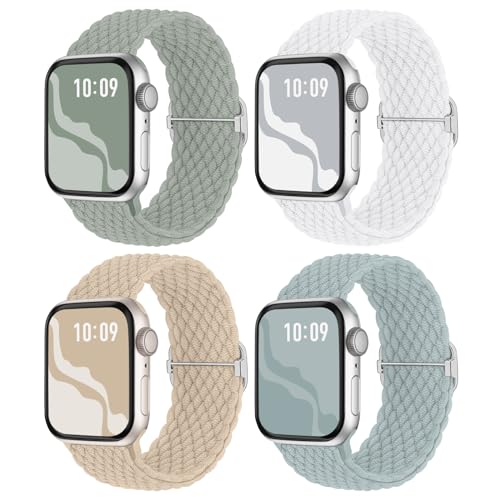 4 Pack Braided Stretchy Bands Compatible with Apple Watch 40mm 41mm 38mm 42mm 44mm 45mm 46mm 49mm Women Men, Breathable Nylon Elastic Daily Use Straps for iWatch Series 11/10 9 8 7 6 5 4 3 SE/Ultra 2 - color: Beige/White/Succulent/Sage Green, size: 38mm/4