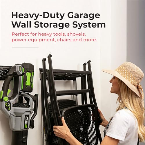 Heavy-Duty Garage Wall Storage System | Wall Mounted Tool Organizer Rack with Shelving | 10-Piece Mounting Kit | Includes 4x8.5” Adjustable Hooks & 2x16.5” Floating Utility Shelves - size: 64" Carbon Steel with 2 Shelves & Single Hooks