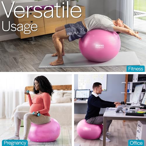 Core Balance Exercise Ball, Stability Ball for Yoga, Pilates and Fitness, Gym Ball for Home Gym and Office Chair, Training, Physical Therapy, Anti Burst, Pump Included, 55cm 65cm 75cm 85cm - color: Pink, size: L (23–26in | 58–65cm)