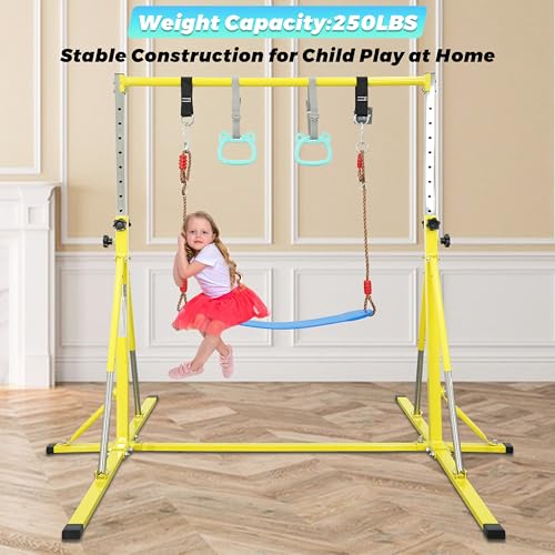 FC FUNCHEER Foldable Gymnastics Bar,5FT Horizontal bar,Adjustable Kids Training bar for Kids Ages 3-15,Kids Gymnastics bar,Triangle Stable Structure-Gym Equipment for Home - color: Bright yellow, style: Bar-Swing-Rings