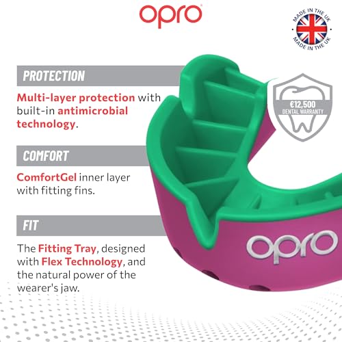 OPRO Silver Level Moldable Mouth Guard Essential Fit (Pink/Green) Adult & Kids Boxing Mouthguard for MMA & Impact Sports, Easy Self-Fit Mouth Guard for Sports, Football & Hockey - Includes Case - color: Pink/Green, size: Adult (Age 10+)