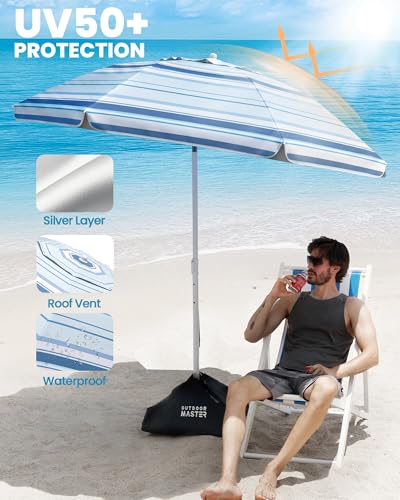 OutdoorMaster 7.2ft Beach Umbrellas for Sand with Sandbag & Anchor | 7.2ft Adjustable Umbrella for Beach, Wind Resistant, Portable UPF50+ Sunshade with Carry Bag for Patio - color: Cyan Striped