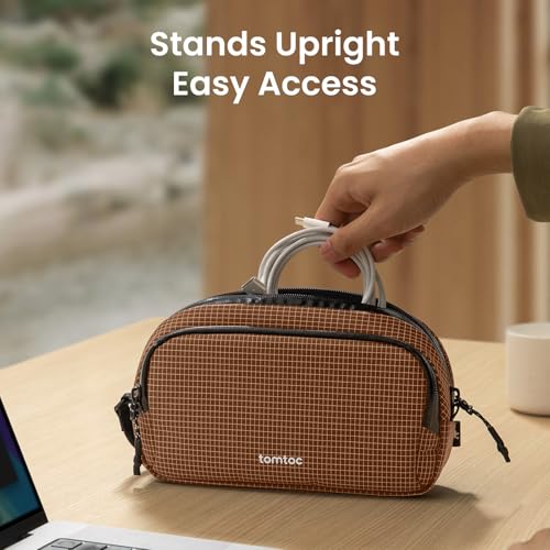tomtoc Electronic Organizer Travel Case Performance, Water Resistant Dual Compartment Cable Organization Storage Bag for Charger, Cord, Phone, Hard Drive, Power Bank, Accessories Travel Essentials - color: Brown Plaid, size: Medium
