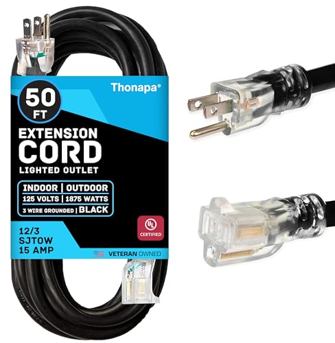 Thonapa 12 Gauge Extension Cord 50 Ft Outdoor - 12/3 Heavy Duty, 3 Prong | SJTOW Oil Resistant Black Cable, Lighted End, Grounded Plug, For Job Sites, Garden & Major Appliances - color: Black, size: 50 Foot