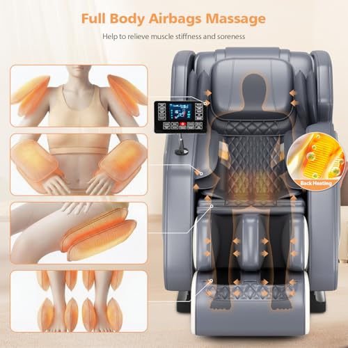 2026 Massage Chair Full Body, Zero Gravity Massage Recliner with Air Pressure, 10 Fixed Massage Rollers, Heating, Foot Roller, Bluetooth Speaker, for Home Office Men Women-Grey