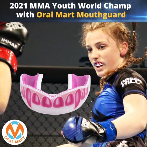 Oral Mart Youth Sports Mouth Guard for Kids (USA Flag, Fangs, 20+ Colors to Choose from) Mouthguard for Football, MMA, Karate, Boxing, Rugby, BJJ, Flag Football – /w Case (Youth, Strapless) - color: Pinky Fangs