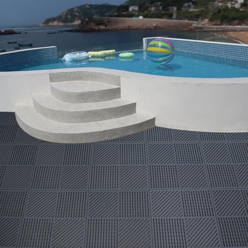 18 Pack Interlocking Drainage Tiles Double Non-Slip Tiles Mat with Drain Holes for Pool, Bathroom, Shower, Pantry, Patio, Boat, Pet Area, 12"×12" Dark Gray - color: Dark Gray, size: 18 Pack (12"L x 12"W x 0.4"Th)