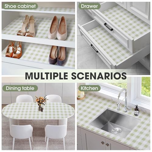 Drawer and Shelf Liner, Non-Slip Kitchen Cabinet Liners Non-Adhesive Thick Strong Grip Waterproof Washable Mats Protect Dresser Shelves Cupboard Bathroom Cabinets, Sage Green, 12 in X 10 FT - color: Sage Green Plaid, size: 11.8"W x 118"L