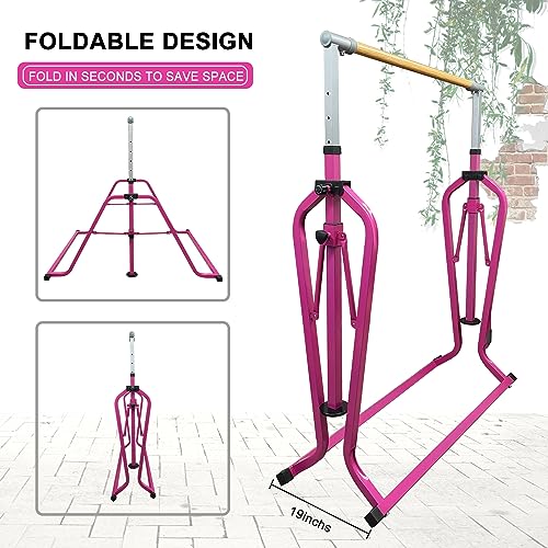 Foldable & Moveable Gymnastics Horizontal Bar with Rings,3’to 5’Adjustable Height Expandable Junior Kip Bar for Home,Indoor Gym Equipment for Kids - style: Foldable Pink with Rings