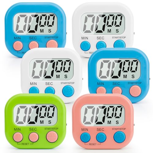 6 Pack Digital Kitchen Timer Multi-Function Magnetic Timers Classroom Timer for Kids Loud Alarm Big LCD Display Electronic Count Up Countdown Timers for Cooking, Classroom, Exercise, Study, Meeting - color: White-2pcs & Blue-2pcs & Pink & Green