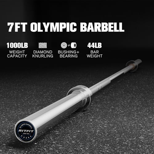 RitFit Elite 7ft Olympic Barbell, Robust 45lb Barbell for Weightlifting and Powerlifting, Superior Olympic Bar with Exceptional 500lbs Load Capacity, Weight Bar for 2” Standard Plates - color: Silver, size: 7 ft 1000 lb 45 lb without Collar