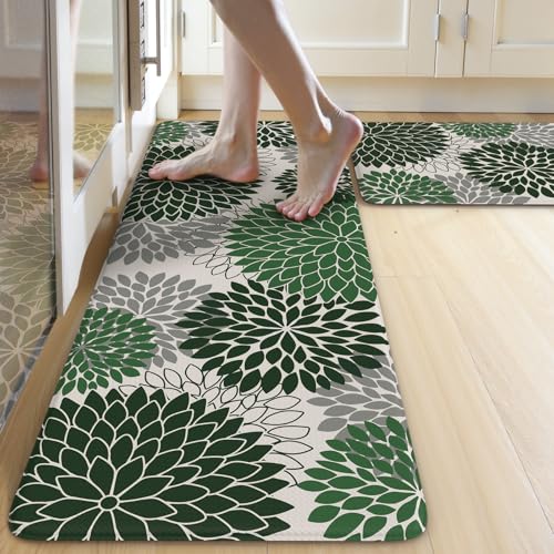 Anti Fatigue Kitchen Mat 2PCS,Boho Dahlia Floral Kitchen Rugs Non Slip Rubber Backing,Waterproof Farmhouse Kitchen Mat for Floor,Cushioned Standing Mat Christmas Decor for Laundry,Sink,Desk,Green - color: Dark Green, size: 17.3" x 47 "+ 17.3" x 29 "--0.47