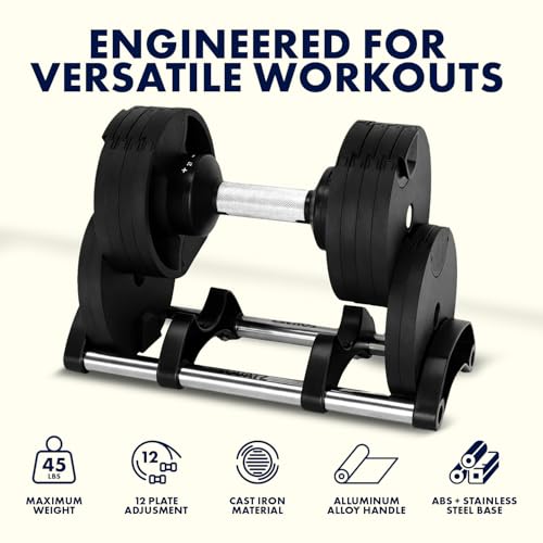 SQUATZ Adjustable Dumbbells with Quick Weight Change, Space-Saving Dumbbell Set with Anti‑Slip Handle, Secure Locking System, Heavy‑Duty Plates & Base for Home Workout and Strength Training - size: 45 LB - Single