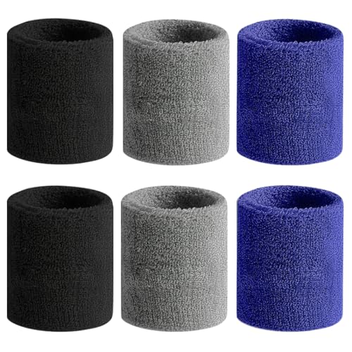 BEACE Sweatbands Sports Wristband for Men & Women - Moisture Wicking Athletic Cotton Terry Cloth Sweatband for Tennis, Basketball, Running, Gym, Working Out - color: Black/Gray/DPBlue