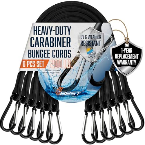 Black Bungee Cords with Carabiner Hooks - 6 Pack Heavy Duty Outdoor Bungie Straps 200 LB Break Strength - UV & Weather Resistant Bungy Cords Assortment Set Includes 2x12, 2x24, 2x36 - size: 2x12”, 2x24”, 2x36” (6 Piece Set)