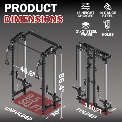 Mikolo Folding Squat Rack, Wall Mounted Power Rack with Cable Crossover Machine & LAT Pull Down, Functional Trainer with 5 Adjustable Function Modes, Home Gym Package - color: Black, size: WR00 Ultra (Alum Pulleys)