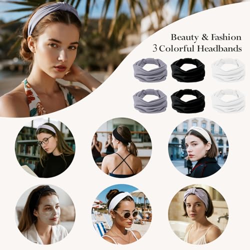 HSEM Headbands for Women, Wide Elastic Head Bands, Non-Slip Thick Hair Bands, Sports Stretchy Sweat Bands, Large Knotted Soft Headband for Washing Face, Makeup, Workout, Spa, Two Black/White/Gray - color: Two Black/White/Link Gray