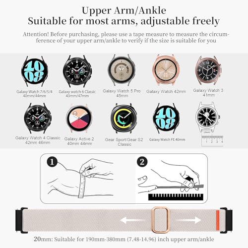 20mm Nylon Sport Ankle/Arm Band Compatibel with Galaxy Watch 7/6/5/4/FE 44mm 40mm/Watch 5 Pro/ 6 Classic 47mm 43mm/ 4 Classic Strap,Elastic Oberarmband Bicep Band for Women Men - color: starlight silver