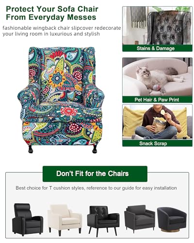 CRFATOP 2 Piece Stretch Wingback Chair Cover Printed Wing Chair Slipcovers Spandex Fabric Wingback Armchair Covers with Elastic Bottom for Living Room Bedroom Wingback Chair,C15 - color: Color C15