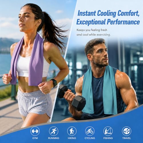 Amgico 10 Pack Cooling Towel 40"X12", Cooling Towels for Hot Weather, Instant Cooling Soft Breathable Quick Dry Microfiber Towel for Summer, Hiking, Golf, Travel, Beach, Gym, Camping & More - color: Sky Blue/Lake Blue/Royal Blue/Emerald Green/Light Purple
